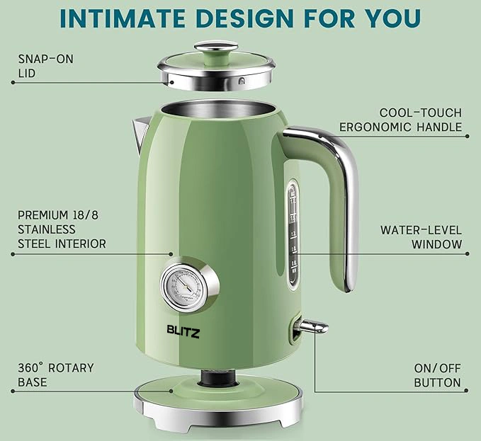 Blitz® – Retro Electric Kettle in Stainless Steel, Fast-Boil 2200W, 1.7L Capacity (Vintage Green) - Tunisie