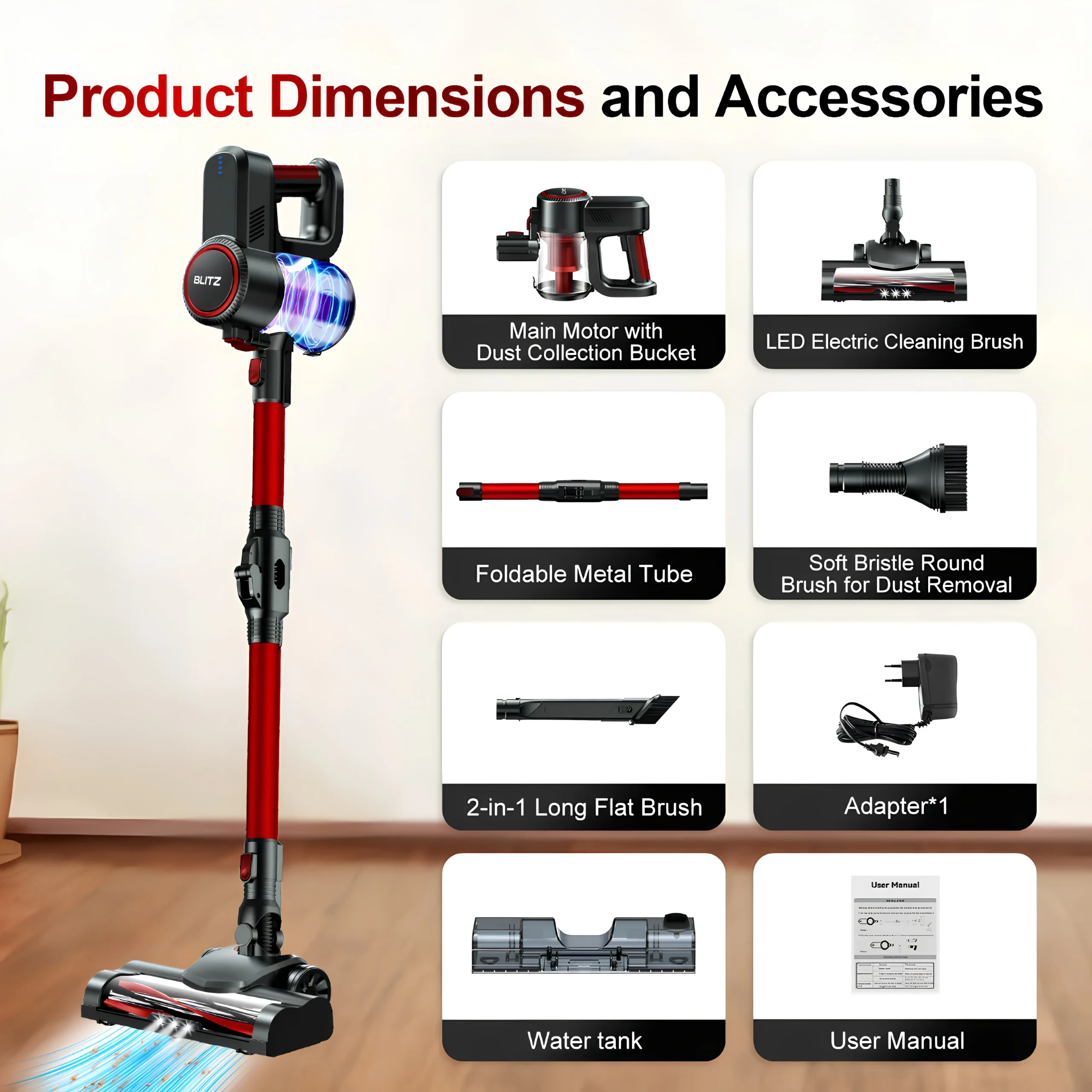 Blitz® – 5-in-1 Powerful Cordless Stick Vacuum Cleaner 30Kpa, Lightweight and Quiet with LED Lighting - Tunisie