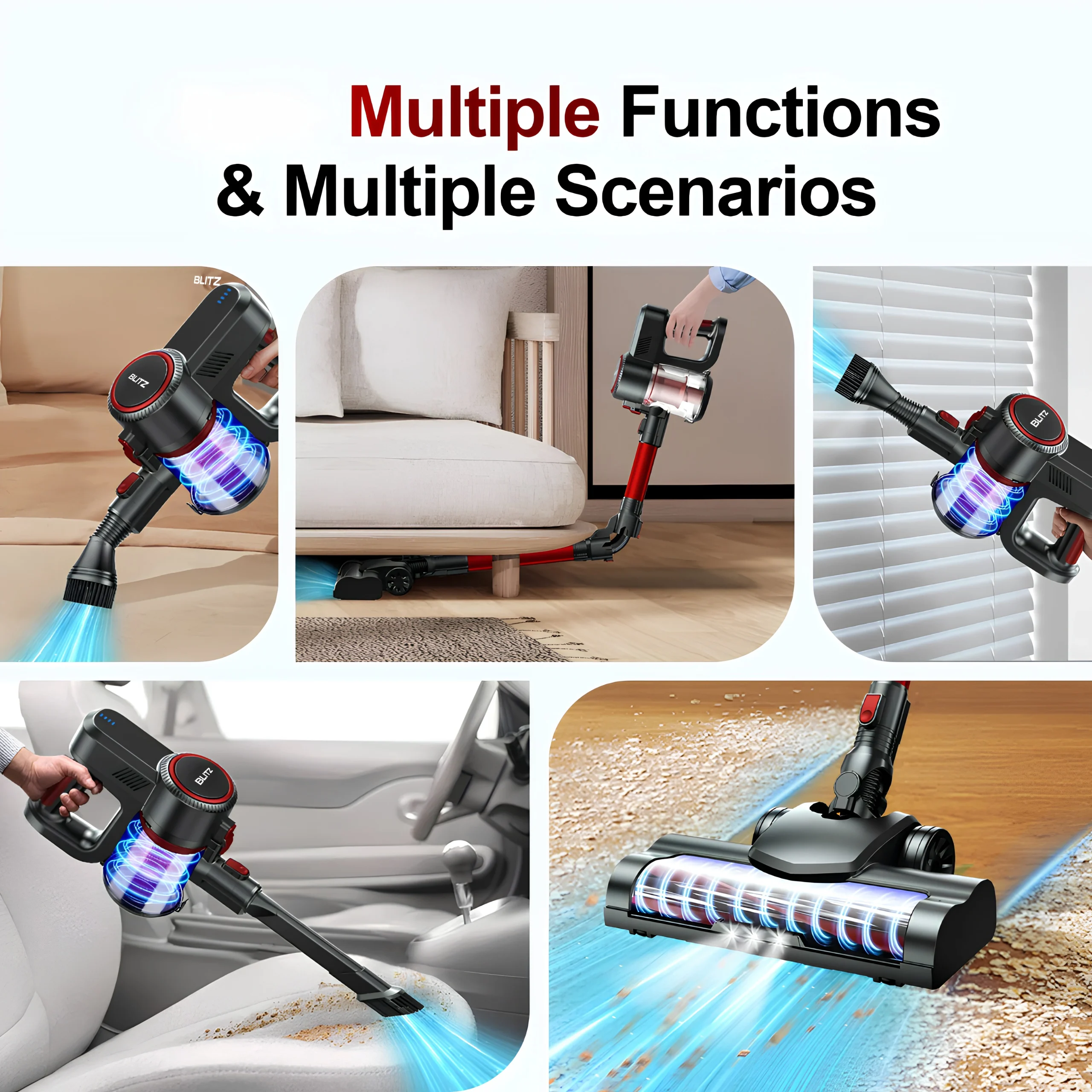 Blitz® – 5-in-1 Powerful Cordless Stick Vacuum Cleaner 30Kpa, Lightweight and Quiet with LED Lighting - Tunisie