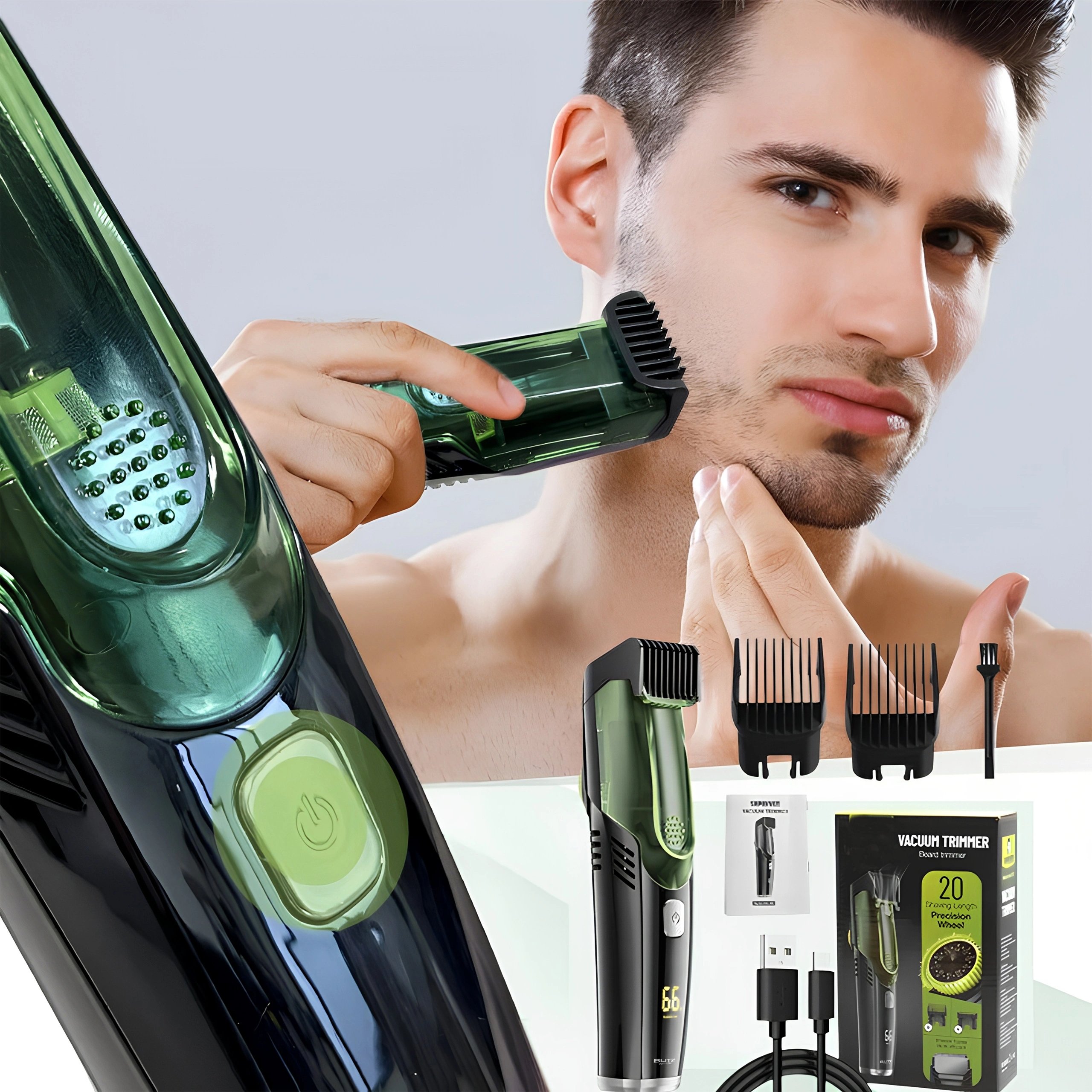 Blitz® – 2-in-1 Cordless Trimmer with Built-in Vacuum | Rechargeable & Waterproof for a Clean and Precise Shave - Tunisie