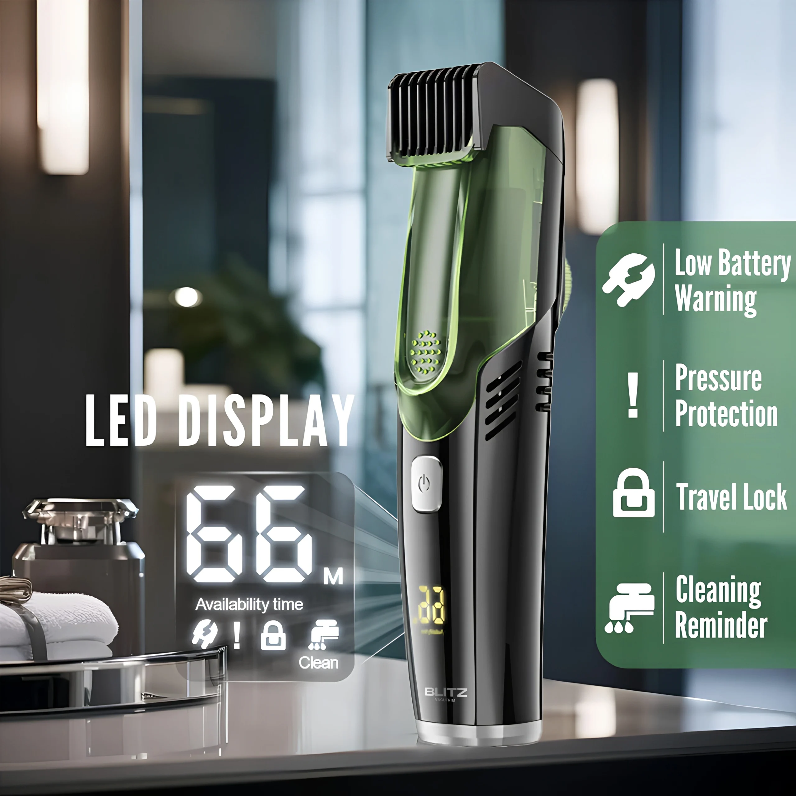 Blitz® – 2-in-1 Cordless Trimmer with Built-in Vacuum | Rechargeable & Waterproof for a Clean and Precise Shave - Tunisie