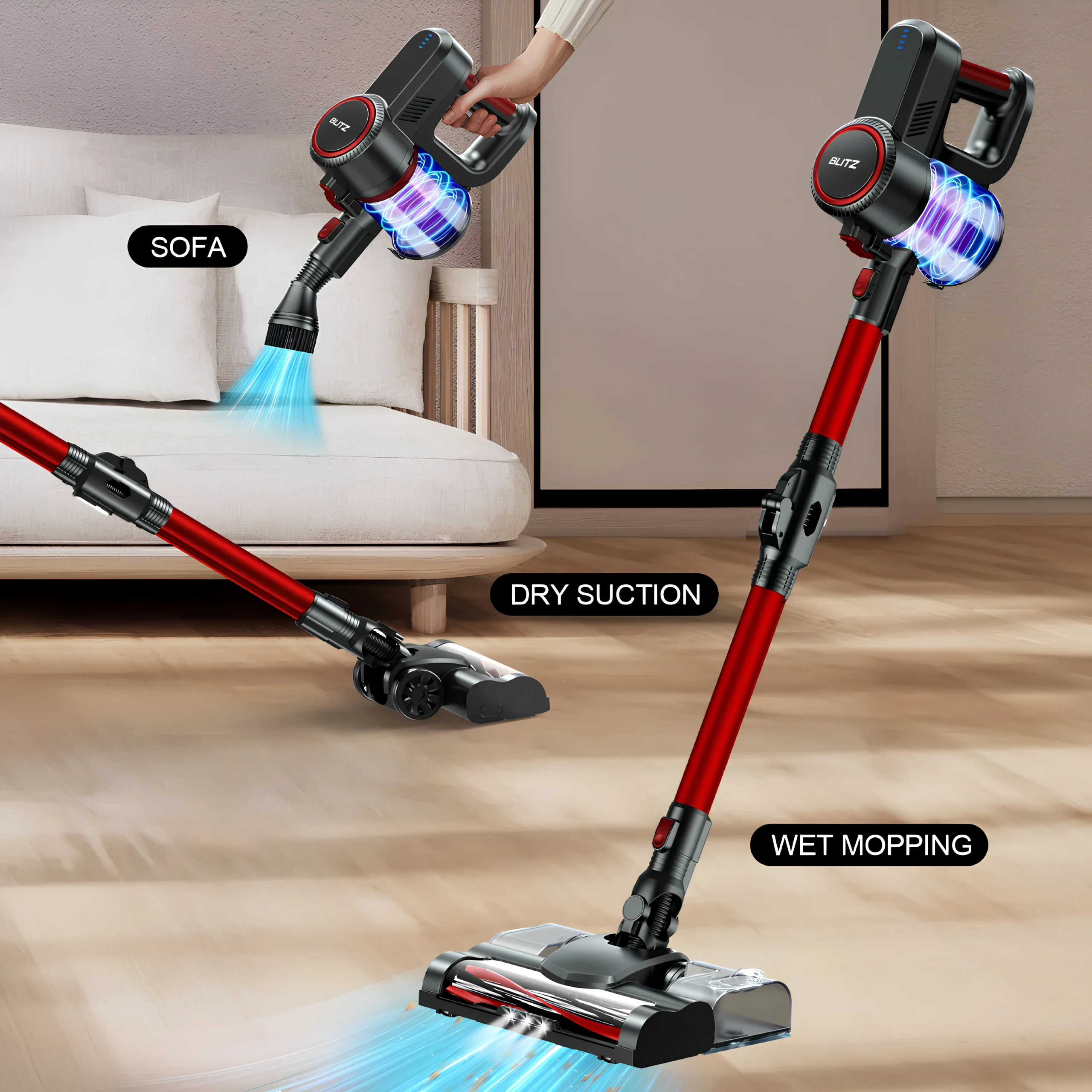 Blitz® – 5-in-1 Powerful Cordless Stick Vacuum Cleaner 30Kpa, Lightweight and Quiet with LED Lighting - Tunisie