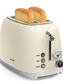 BLITZ Retro 2-Slice Stainless Steel Toaster, Cream Finish – Adjustable 6 Browning Levels, 1.5-Inch Extra-Wide Slots, Bagel/Defrost/Cancel Functions, and Removable Crumb Tray - Tunisie